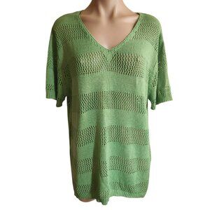 V-Neck Bright Green Open Knit Short Sleeve Sweater Top Plus Size 1X - 16W